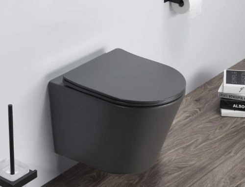 dark grey rimless wall hung toilet